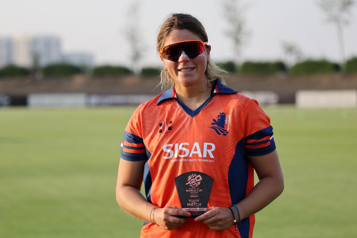 Sterre Kalis of Netherlands poses for a photo with the Player Of The Match award after the team's victory during the ICC Women's T20 World Cup Qualifier in 2024. Sterre Kalis of Netherlands poses for a photo with the Player Of The Match award after the team's victory during the ICC Women's T20 World Cup Qualifier in 2024.