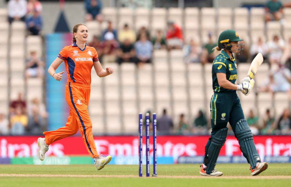 Iris Zwilling of Netherlands celebrates after taking the wicket of Sophie Molineux of Australia during the ICC Women's T20 World Cup Group A match between Australia and Netherlands. Iris Zwilling of Netherlands celebrates after taking the wicket of Sophie Molineux of Australia during the ICC Women's T20 World Cup Group A match between Australia and Netherlands.