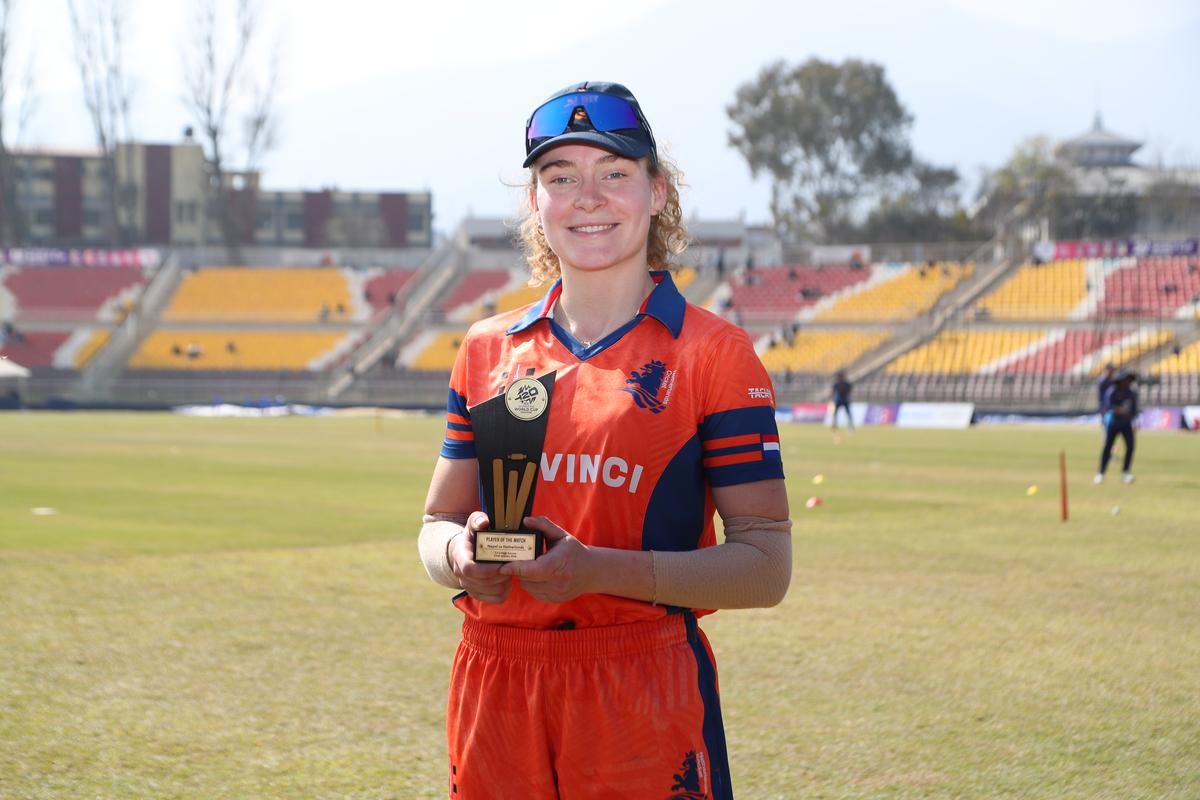 Isabel Van Der Woning of Netherlands with the Player of the Match award following the team's victory during the ICC Women´s T20 World Cup 2026 Qualifier match between Nepal and Netherlands. Isabel Van Der Woning of Netherlands with the Player of the Match award following the team's victory during the ICC Women´s T20 World Cup 2026 Qualifier match between Nepal and Netherlands.