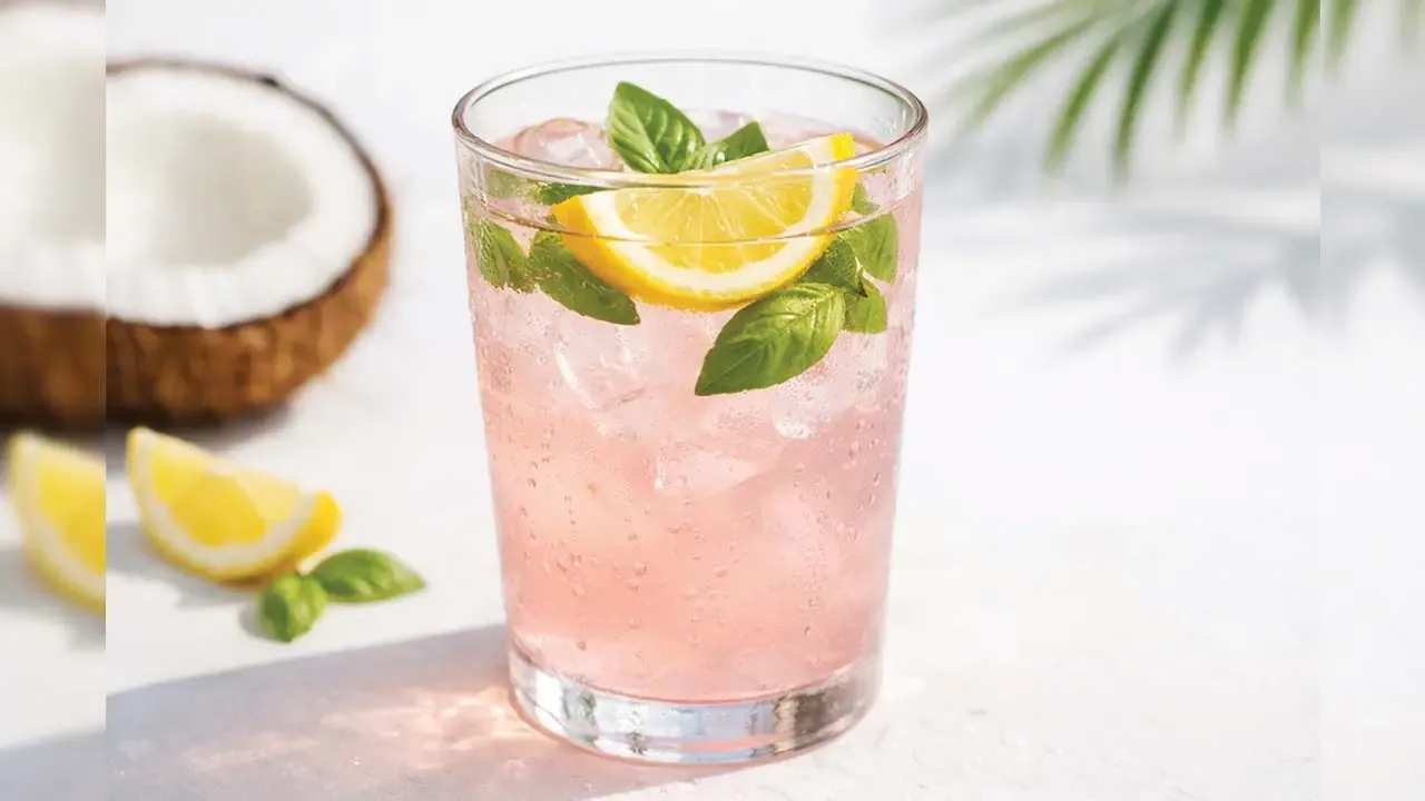 A clear glass of a refreshing pink summer drink with ice cubes, garnished with a slice of lemon and fresh green mint leaves.