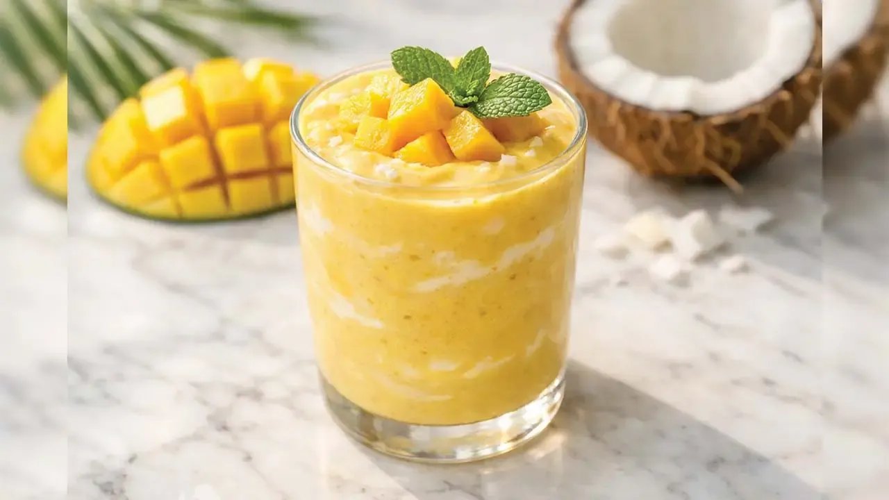 A clear glass of thick, creamy mango smoothie topped with diced mango chunks and fresh mint leaves on a marble table with a halved coconut in the background.