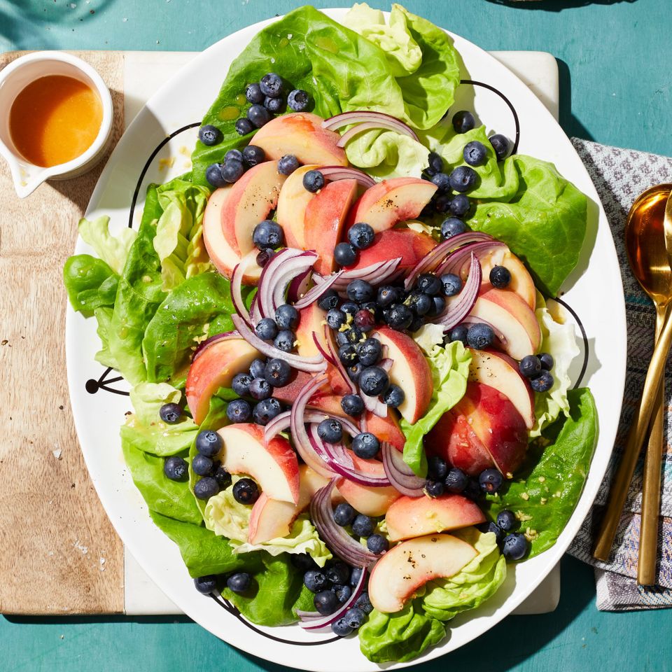 Blueberry-Peach Salad with Sesame-Ginger Balsamic Vinaigrette Credit: Jacob Fox
