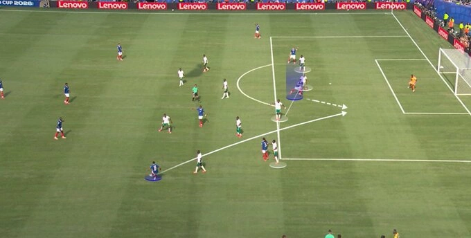 Michael Olise's assist for Kylian Mbappe to open the score in the France - Senegal 2026 World Cup group stage match at MetLife Stadium, New Jersey, USA on June 16, 2026. Screenshot