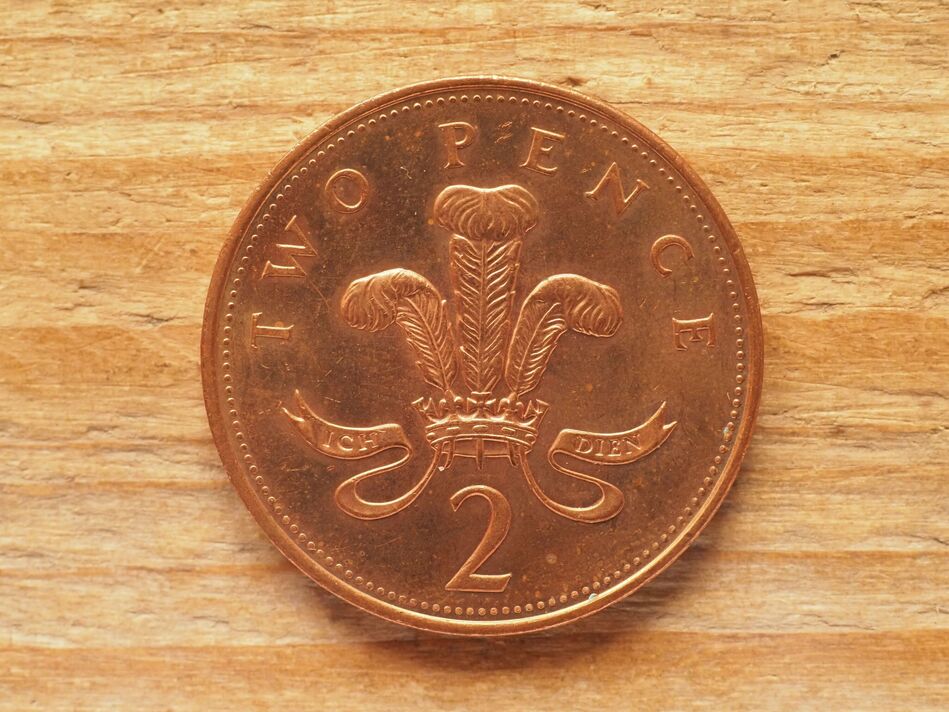 2 pence coin, reverse side, currency of the UK