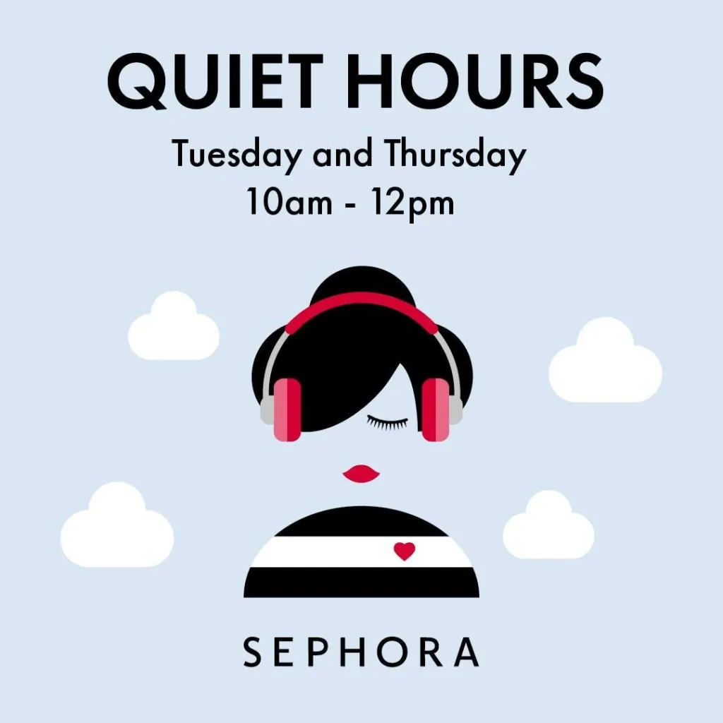 Illustration announcing Sephora Quiet Hours on Tuesday and Thursday from 10am to 12pm.