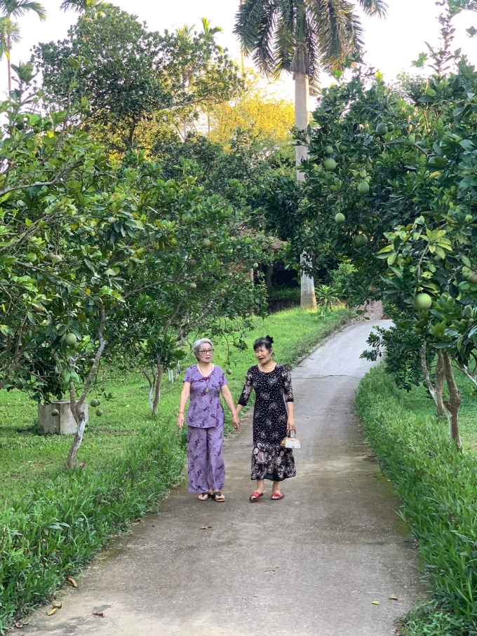 Ms. Hong, 86 years old, walked with an old friend in a nursing home in Chuong My, Hanoi in June 2026. Photo: Dien Hong