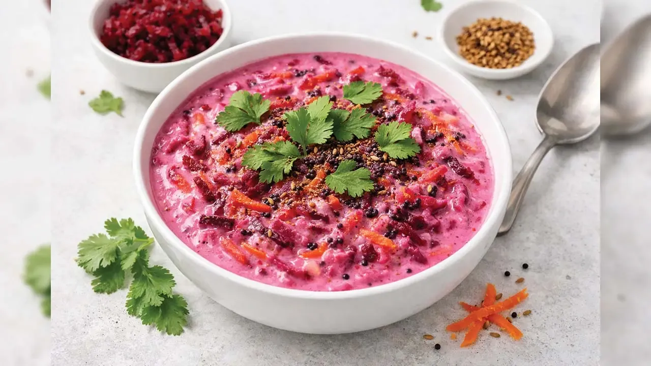 A white bowl of vibrant pink beetroot raita garnished with green coriander leaves and roasted cumin seeds.