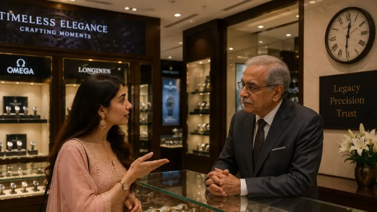 A young woman talks with a senior professional manager inside a premium luxury watch showroom store.