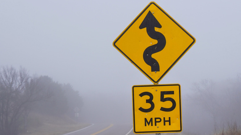 Road sign warning of curvy road ahead with 35 mph speed limit