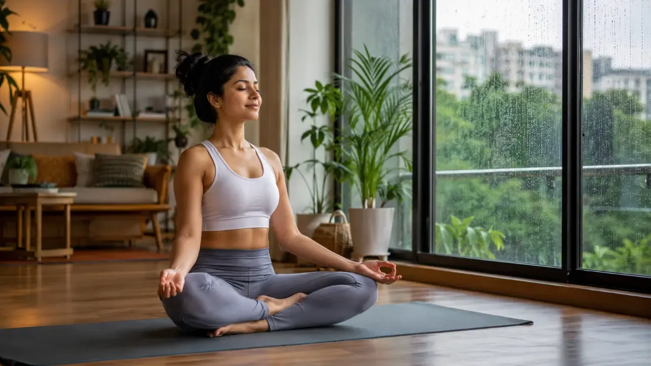 Indian woman doing yoga at home during rainy season