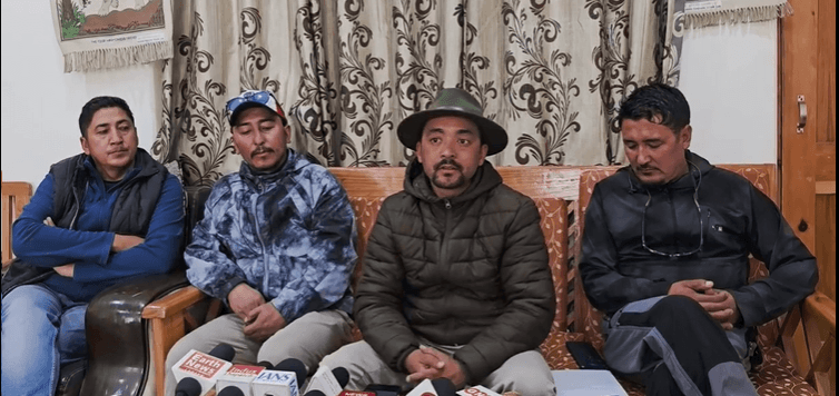 Leaders of the youth wing of the Ladakh Buddhist Association addressing a press conference at Leh Leaders of LBA