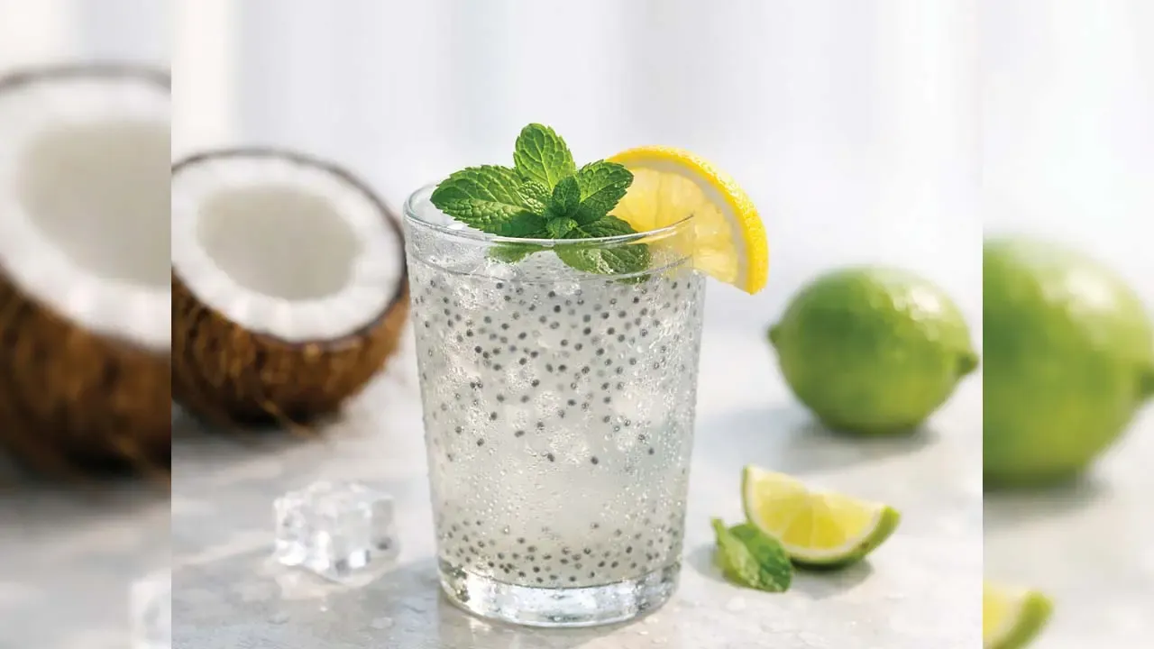 A clear glass of refreshing lime water filled with chia seeds or sabja seeds, garnished with a slice of lemon and fresh mint leaves.