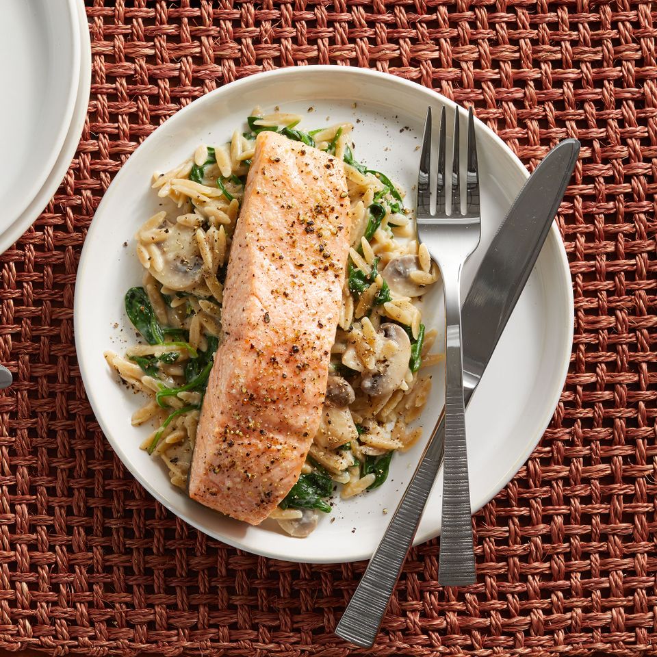 15-Minute Salmon & Creamy Orzo with Spinach & Mushrooms Credit: Brie Passano