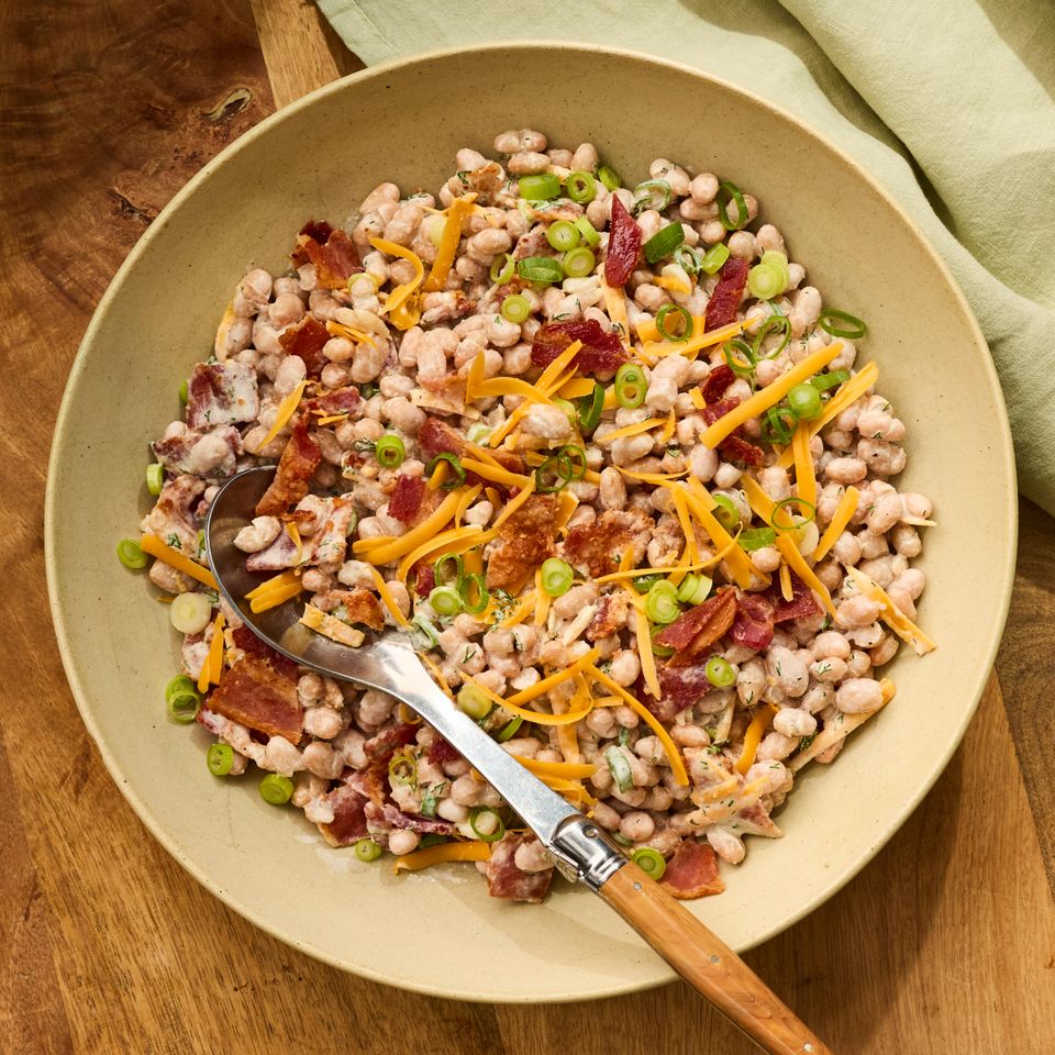 Recipe image of Loaded Bean Salad Credit: Photographer Victor Protasio, Food Stylist Chelsea Zimmer, Prop Stylist Hannah Grennwood.