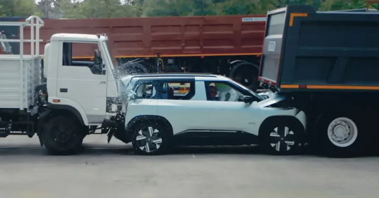 tata sierra ev crash test with two trucks