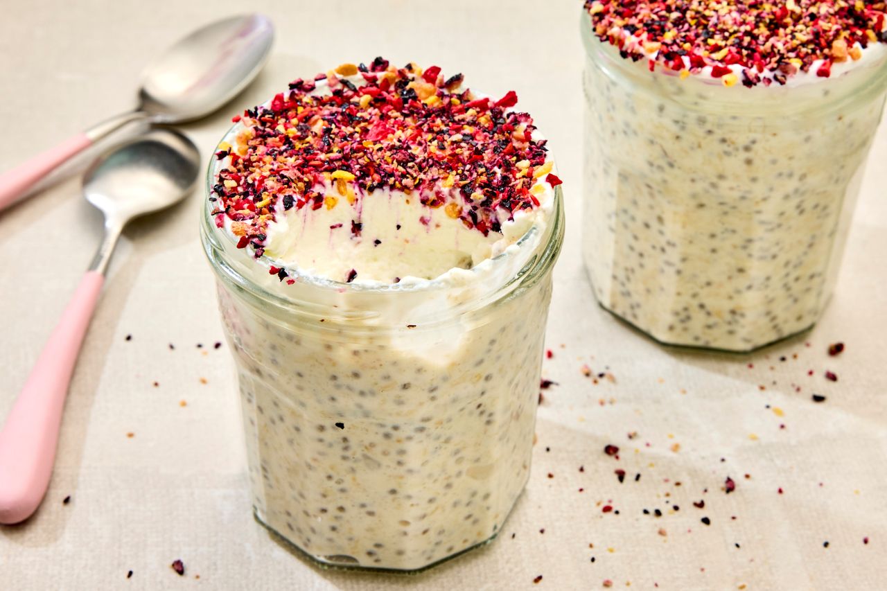 A recipe image of Dot Cake Overnight Oats Credit: Photographer: Caley Ellenburg.