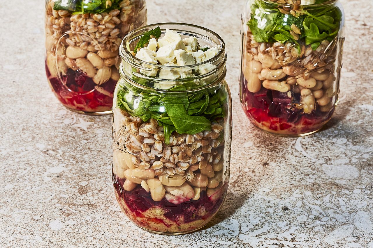 an image of the Mason Jar Farro Salads Credit: Heami Lee, Food Stylist: Emily Nabors Hall, Prop Stylist: Christine Keeley
