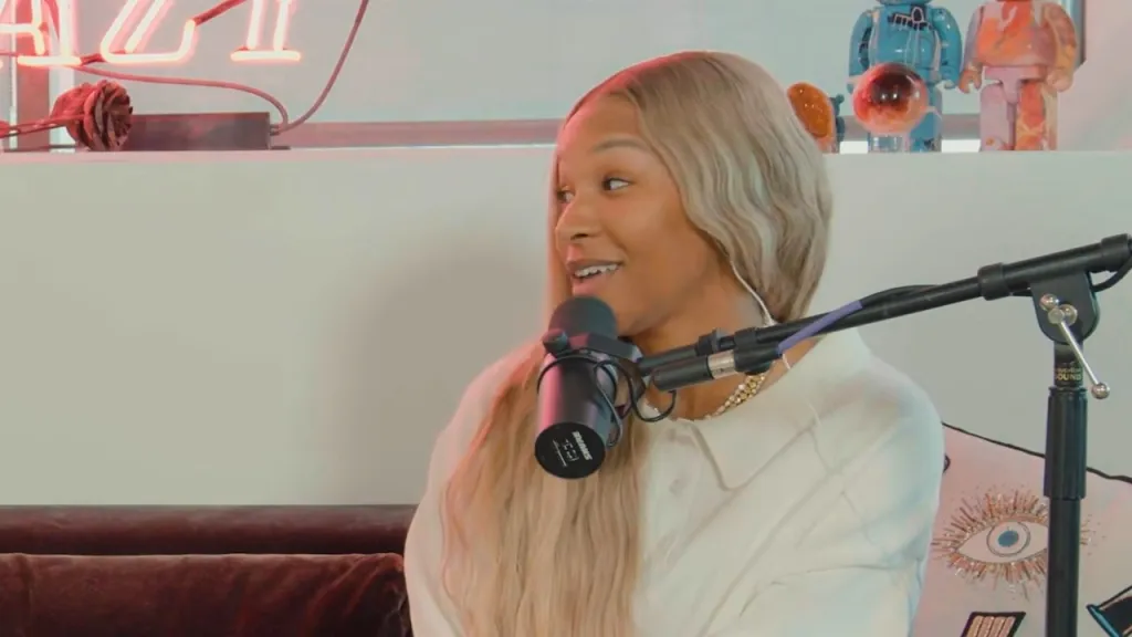 Savannah James at a podcast.