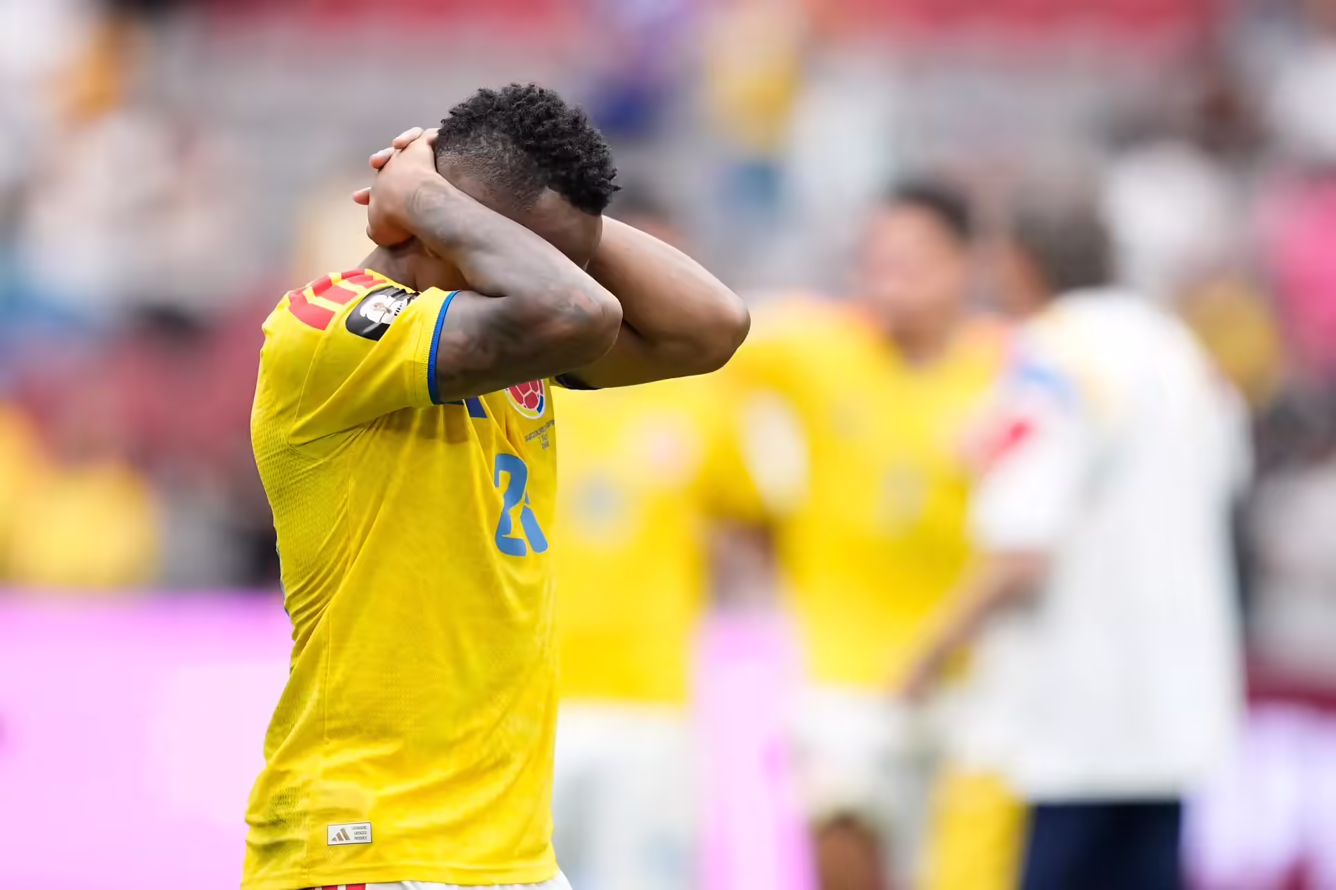 Colombia's Jaminton Campaz reacts after losing to Switzerlandduring a penalty shootout in the World Cup round of 16 soccer match between Switzerland and Colombia in Vancouver, British Columbia, Tuesday, July 7, 2026. (AP Photo/Lindsey Wasson) Colombian soccer federation condemns death threats against midfielder Jaminton Campaz