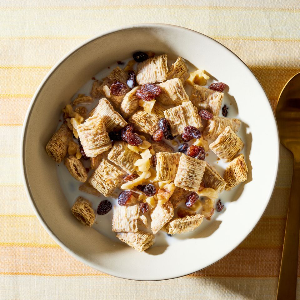 an image of the Shredded Wheat with Raisins & Walnuts Credit: Photographer: Jake Sternquist, Food Stylist: Holly Dreesman, Prop Stylist: Lexi Juhl