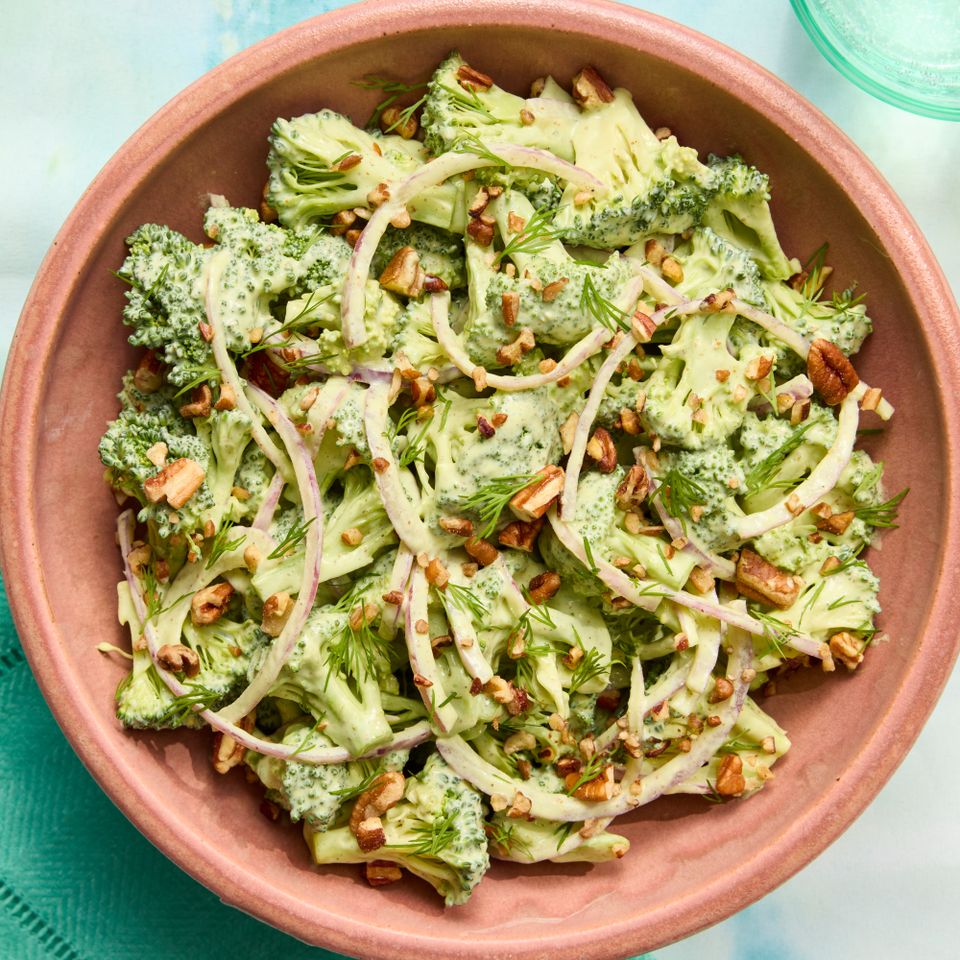 A recipe image of High-Protein Broccoli Salad. Credit: Photographer: Stacy K. Allen, Prop Stylist: Keoshia McGhee, Food Stylist: Amanda Holstein.