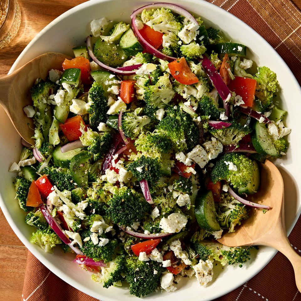 Recipe image of Broccoli Salad with Feta. Credit: Photographer: Jen Causey, Food Stylist: Margaret Monroe Dickey, Prop Stylist: Keoshia McGhee.