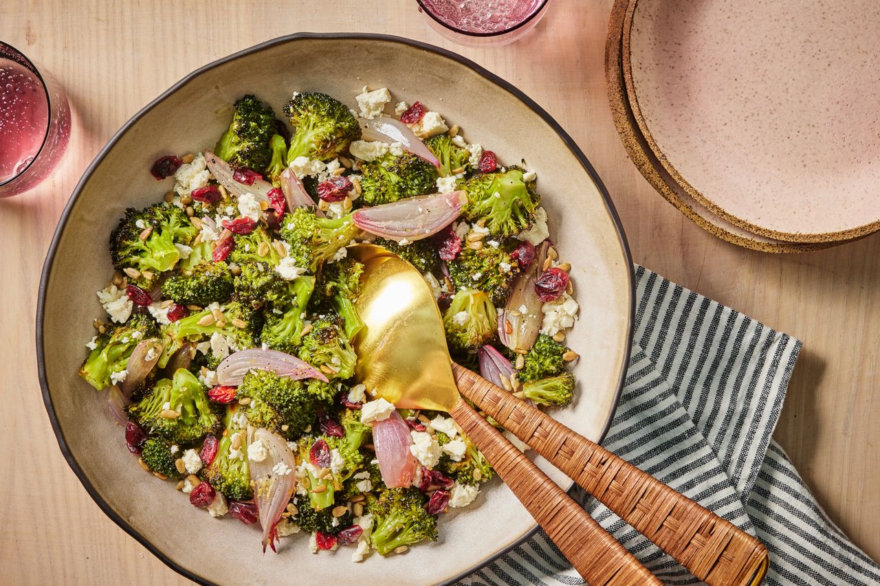 an overhead image of the Roasted Broccoli Salad Credit: Photographer: Morgan Hunt Glaze, Prop Stylist: Lydia Pursell, Food Stylist: Jennifer Wendorf