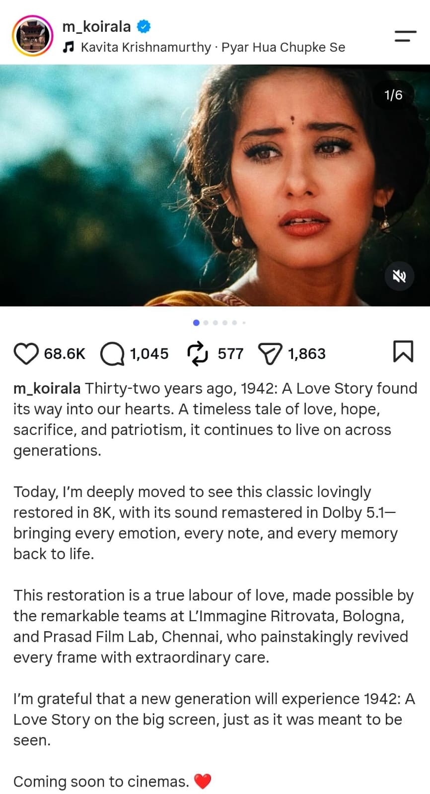 1942: A Love Story returns in 8K; Anil Kapoor, Manisha Koirala celebrate 32 years