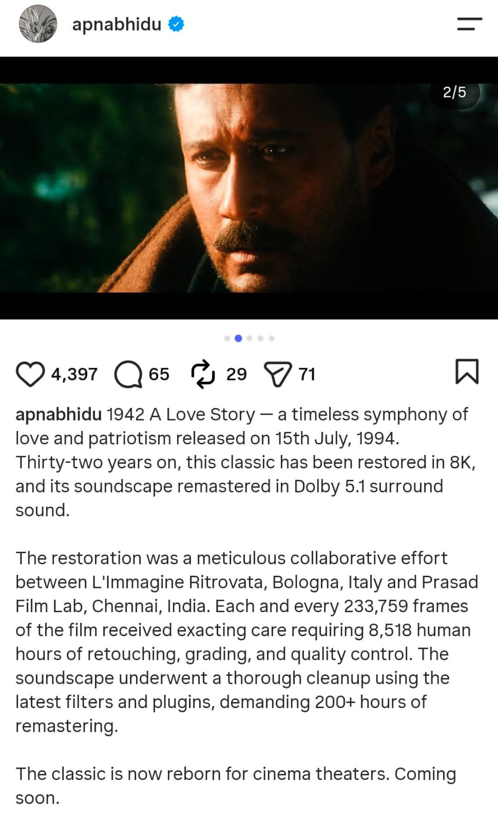 1942: A Love Story returns in 8K; Anil Kapoor, Manisha Koirala celebrate 32 years