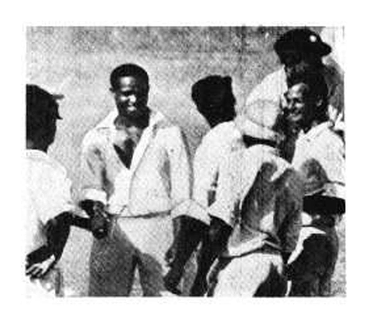 The first player to get 4,000 runs and 100 wickets in Test history, Sobers gets a round of accolades from teammates for taking his 100th wicket (Peter Philpott) at Kingston, 1965. The Windies beat Aussies, their first win against them in a home series. The first player to get 4,000 runs and 100 wickets in Test history, Sobers gets a round of accolades from teammates for taking his 100th wicket (Peter Philpott) at Kingston, 1965. The Windies beat Aussies, their first win against them in a home series.
