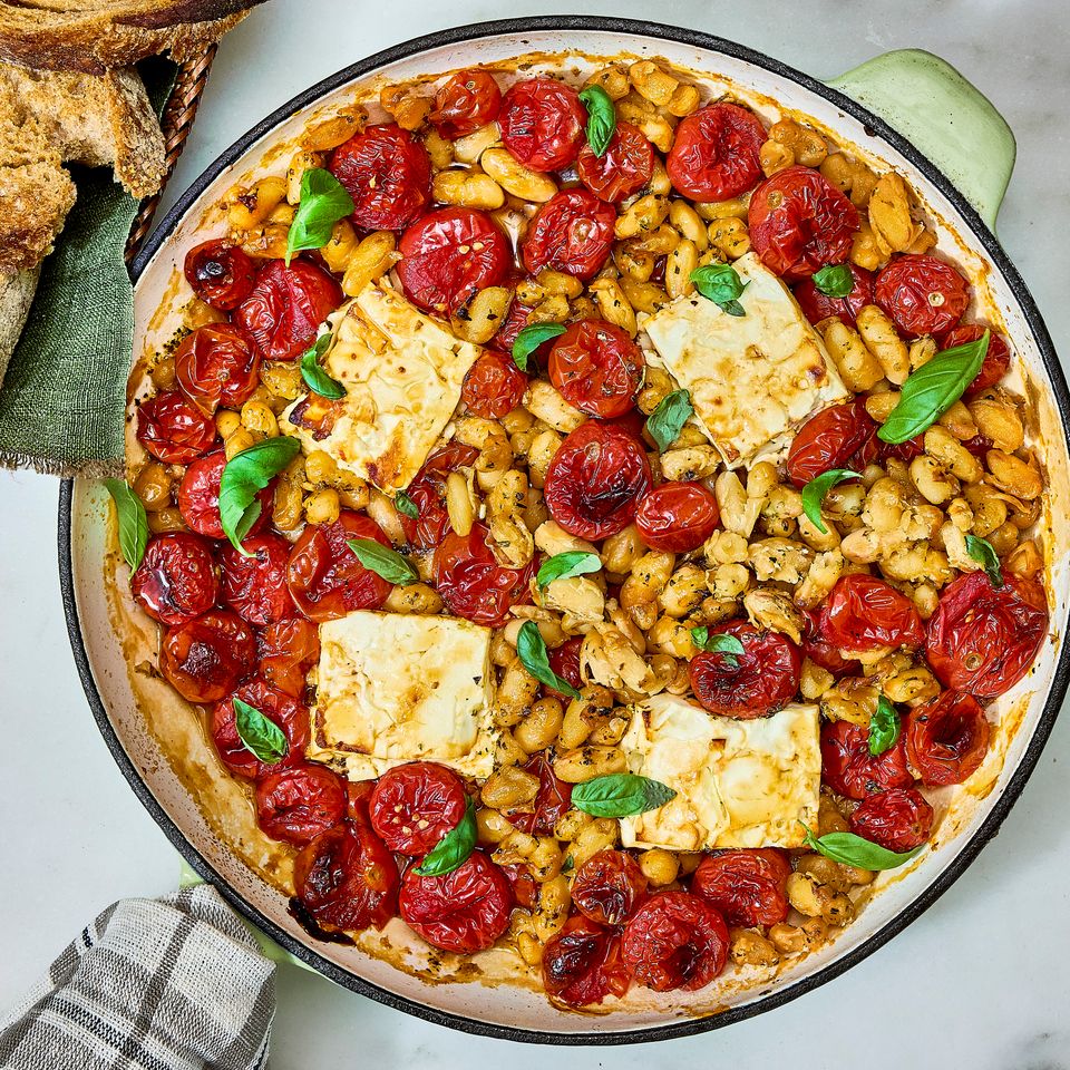 Recipe image of Baked Feta, Tomato & White Bean Skillet. Credit: Photographer: Brittney Cottrell, Food stylist: Marianne Williams, Prop Stylist: Josh Hoggle
