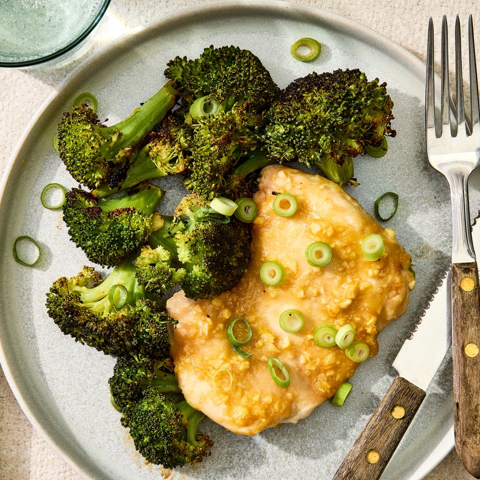 an image of the Weight-Loss Sheet-Pan Chicken & Broccoli Credit: Photographer: Hannah Hufham, Food Stylist: Amanda Stanfield, Prop Stylist; Joshua Hoggle
