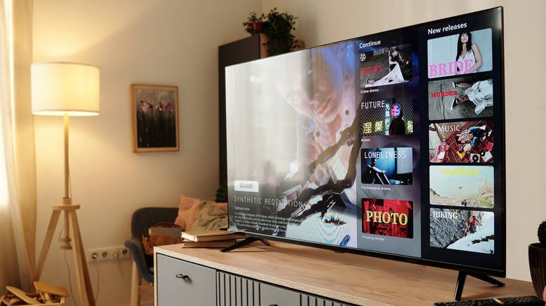Flat-screen TV displaying various multimedia options in a cozy, well-lit room