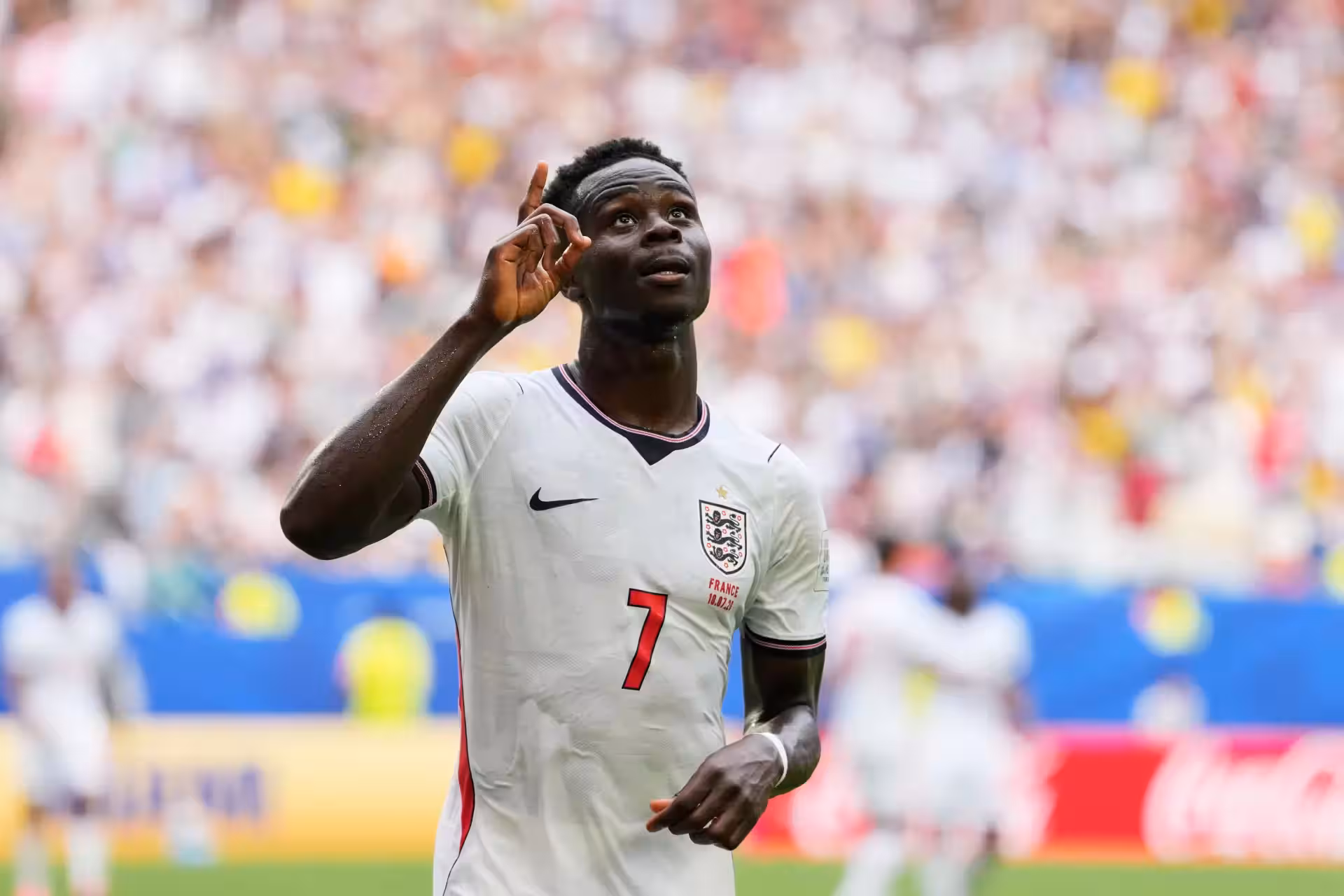 England's Bukayo Saka (7) celebrates scoring his side's fourth goal during the World Cup third-place playoff soccer match between France and England in Miami Gardens, Fla., Saturday, July 18, 2026. (AP Photo/Rebecca Blackwell) APTOPIX England France WCup Soccer