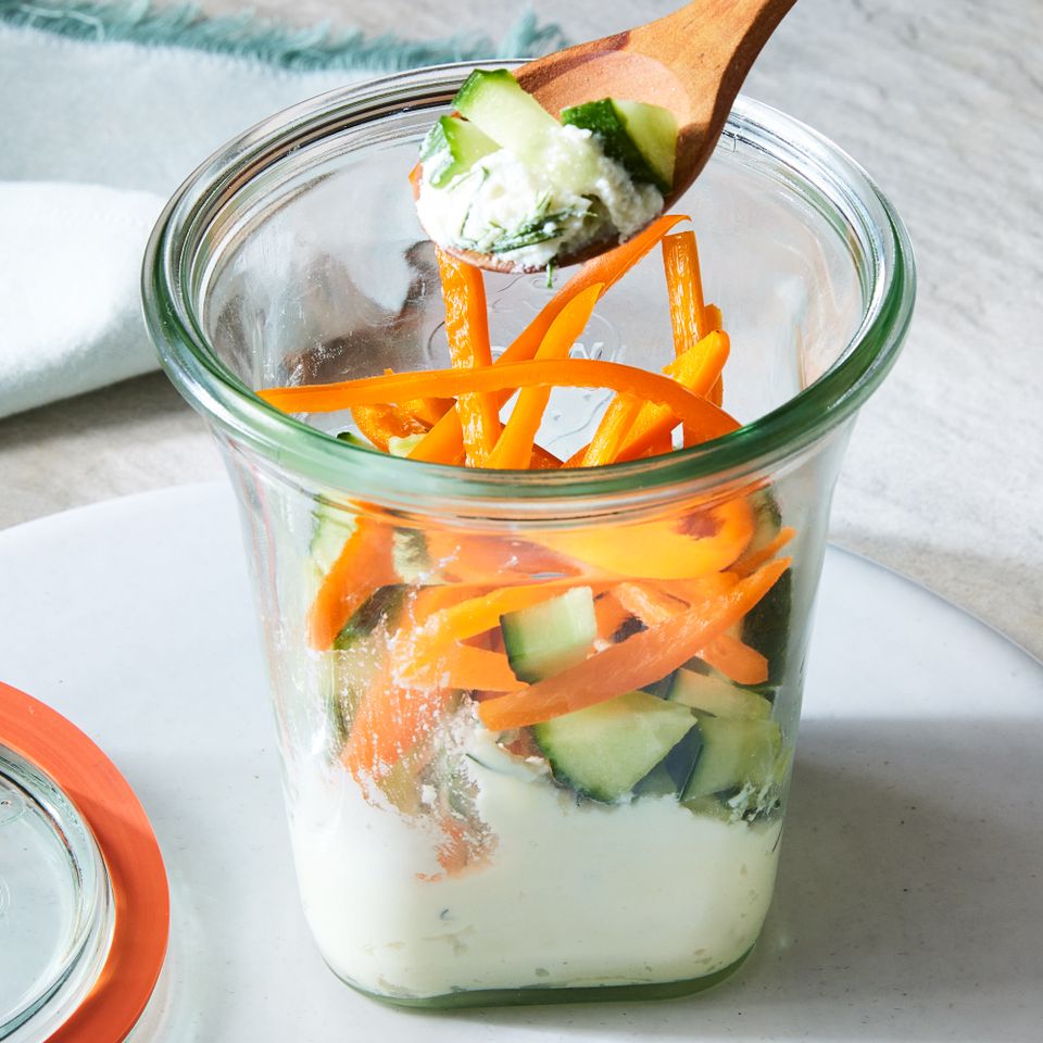 a recipe photo of the Cucumber-Dill Ricotta Snack Jar Credit: Photography: Rachel Marek, Food stylist: Addelyn Evans, Prop stylist: Gabriel Greco