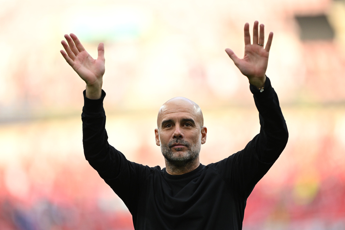 LONDON, ENGLAND - APRIL 27: Pep Guardiola, Manager of Manchester City, acknowledges the fans after the team's victory during the Emirates FA Cup Semi Final match between Nottingham Forest and Manchester City at Wembley Stadium on April 27, 2025 in London, England. (Photo by Shaun Botterill/Getty Images) (Italy)