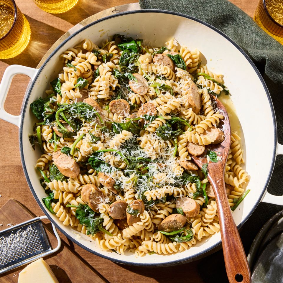 A recipe image of Chicken Sausage & Spinach Skillet Pasta with Lemon & Parmesan. Credit: Photos: Jason Donnelly, Food: Sammy Mila, Props: Breanna Ghazali