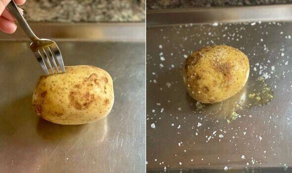 Making holes in potato, potato coated in oil and salt