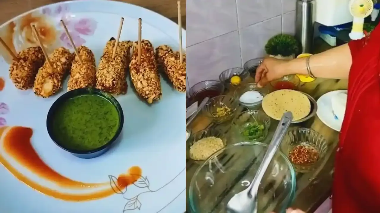 Crispy golden fried paneer papad sticks on a plate with green chutney and kitchen recipe ingredients.