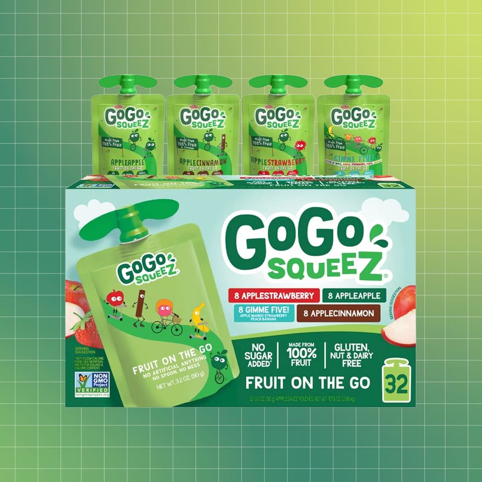 GoGo squeeZ fruit pouches displayed in packaging with product branding Credit: Courtesy of Brand. EatingWell design.