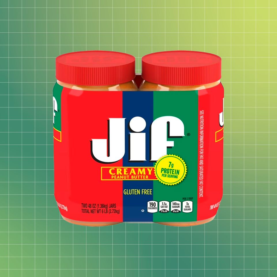 Two jars of Jif creamy peanut butter in a package Credit: Courtesy of Brand. EatingWell design.