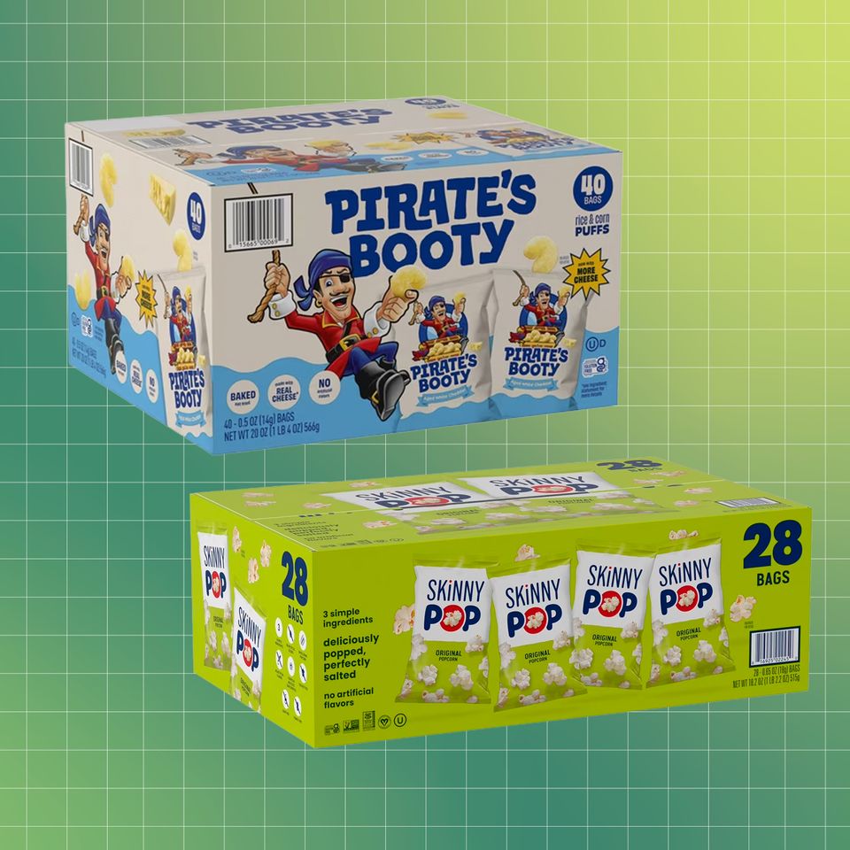 Boxes of Pirates Booty and SkinnyPop snacks against a gradient background Credit: Courtesy of Brand. EatingWell design.