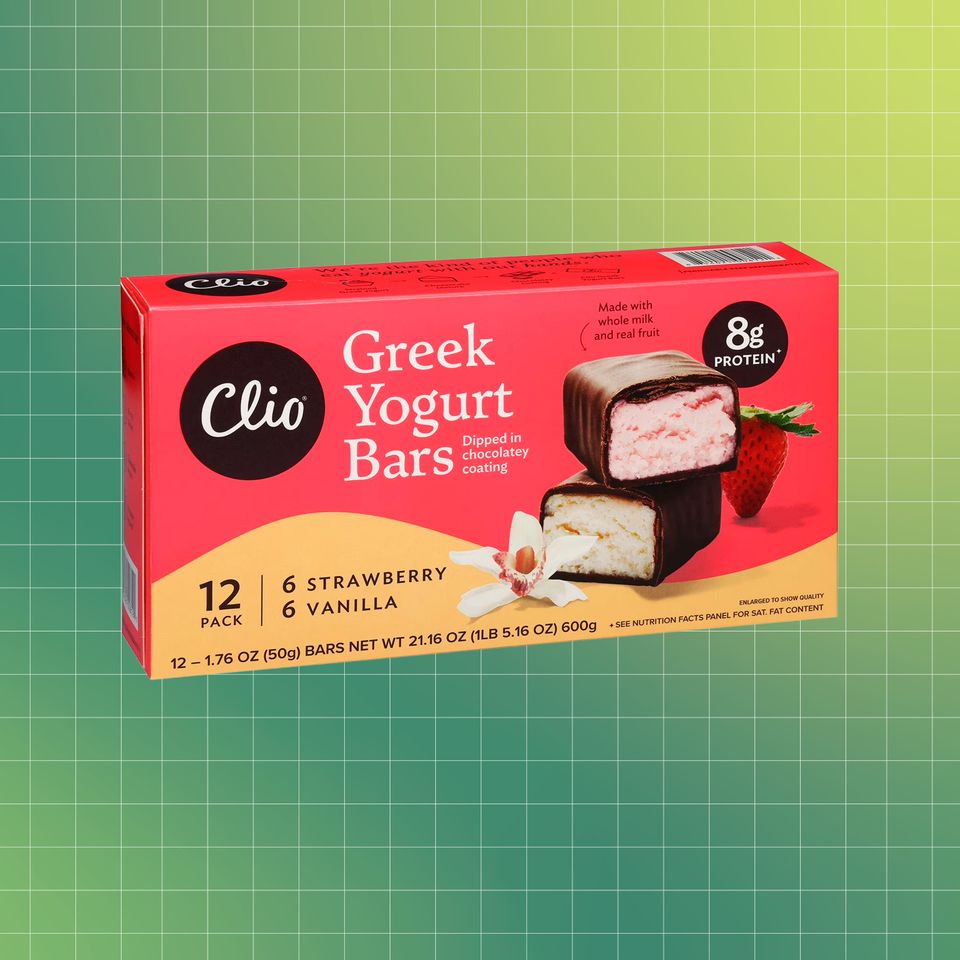 Box of Clio Greek Yogurt Bars 12 pack with strawberry and vanilla flavors Credit: Courtesy of Brand. EatingWell design.