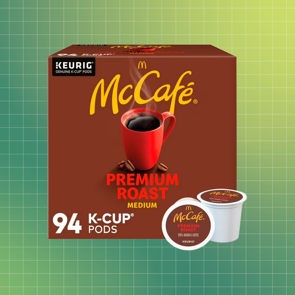 McCafe Premium Roast Medium coffee KCup pods box with a red cup illustration includes 94 pods Credit: Courtesy of Brand. EatingWell design.