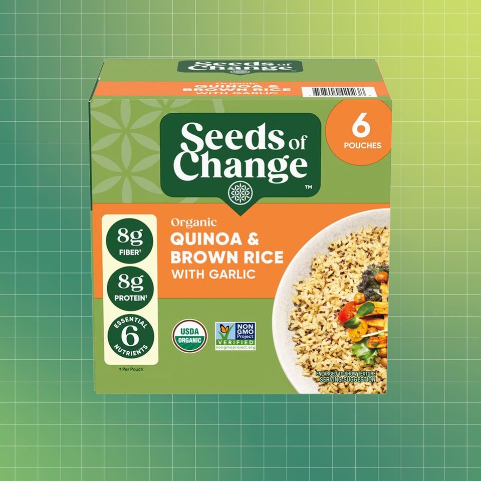 Seeds of Change quinoa and brown rice with garlic box six pouches shown against a gradient grid background Credit: Courtesy of Brand. EatingWell design.