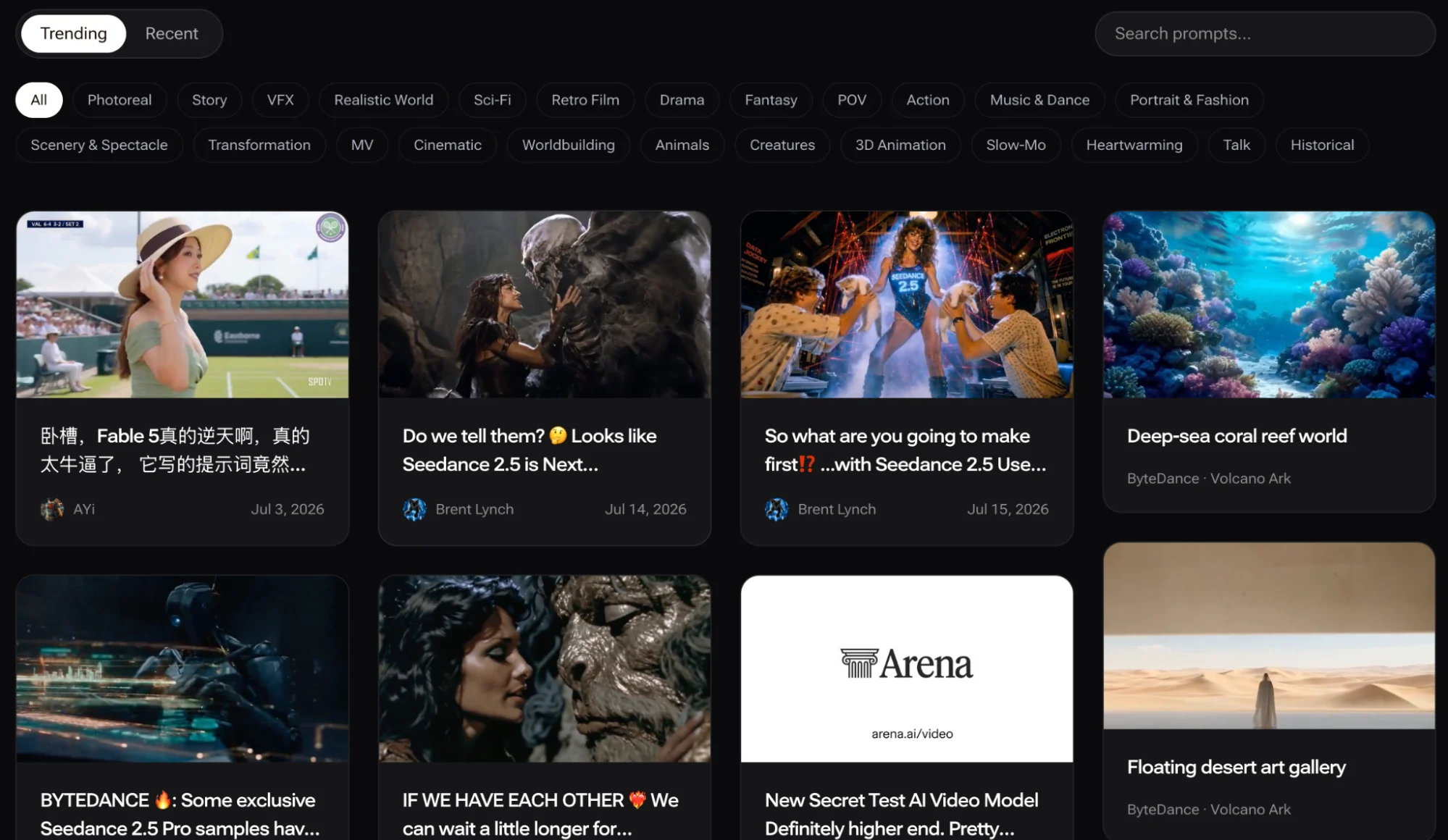 Prompt examples displayed beside generated clips. Alt: “Seedance 2.5 prompts for cinematic AI video inspiration.
