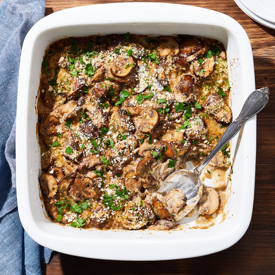 Parmesan Mushroom Casserole Credit: Photography / Brie Passano, Styling / Sammy Mila / Holly Raibikis