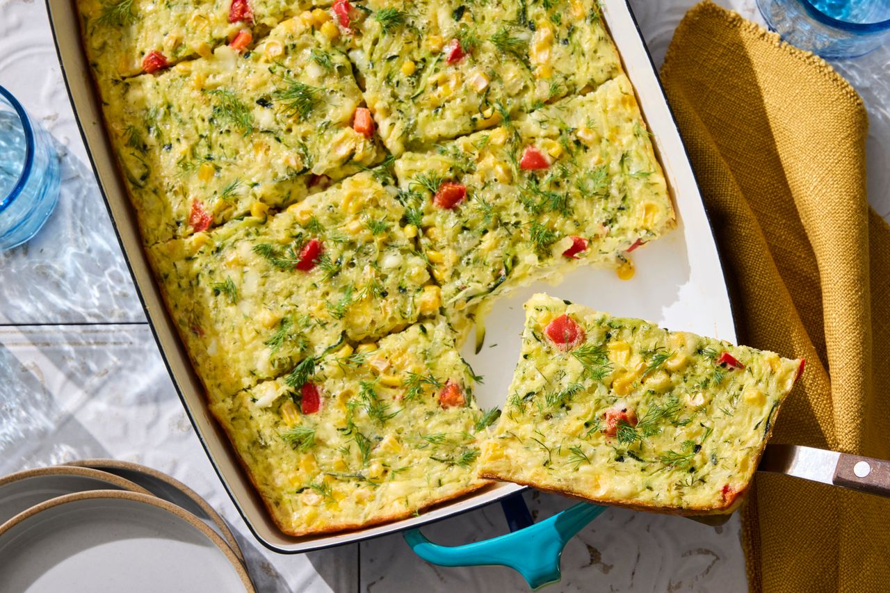 A recipe image of Zucchini, Corn & Egg Casserole. Credit: Photographer: Jason Donnelly, Food Stylist: Shannon Goforth, Food Stylist Assistant: Debra Cioccio, Prop Stylist: Breanna Ghazali.