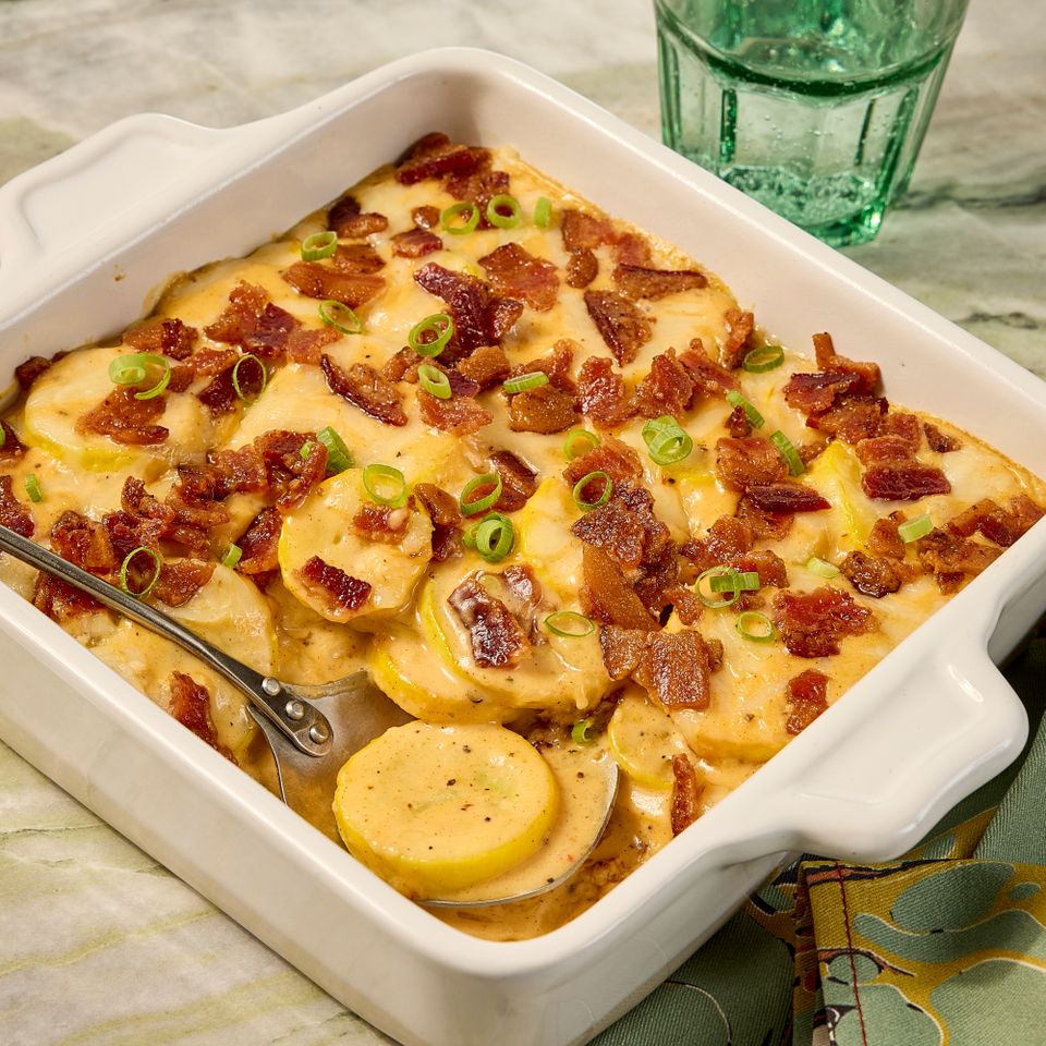 a recipe photo of Loaded Summer Squash Casserole. Credit: Photographer: Jen Causey, Food Stylist: Jennifer Wendorf, Prop Stylist: Josh Hoggle.