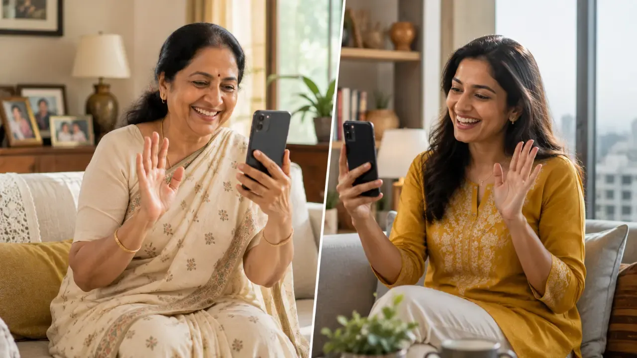 Adult daughter staying emotionally connected with her elderly mother through a video call